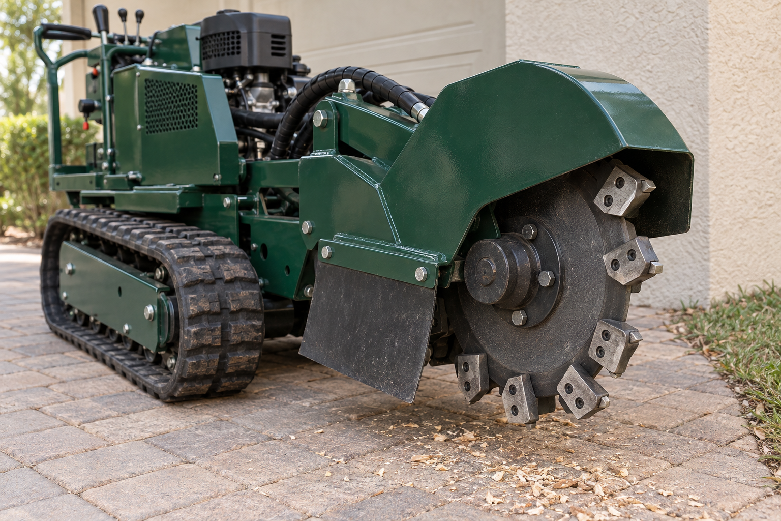 Green compact stump grinder parked on a paver driveway, its cutter wheel and teeth in view