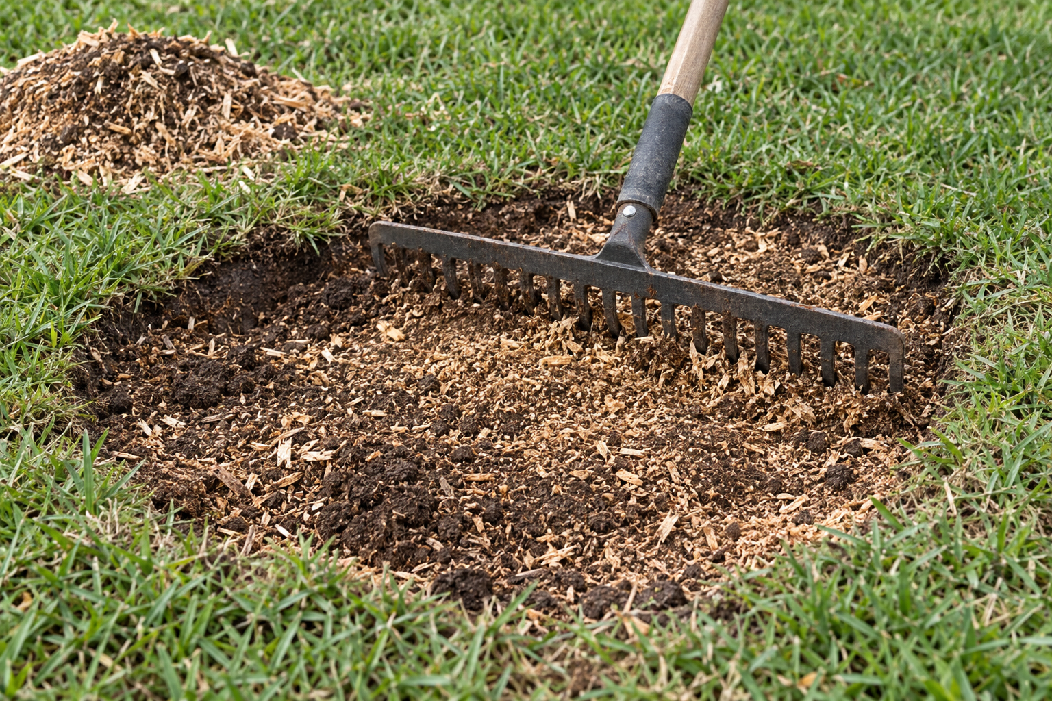 Landscape rake leveling a mix of wood grindings and topsoil into a ground-out stump hole