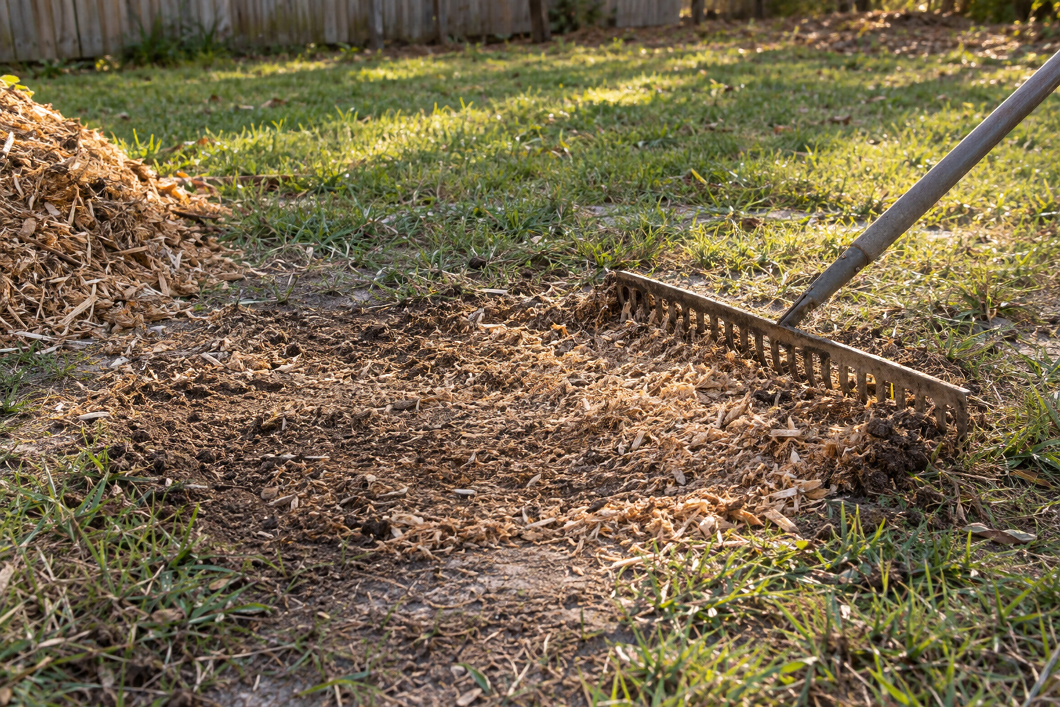Landscape rake levelling wood grindings and sandy soil into a ground-out stump hole