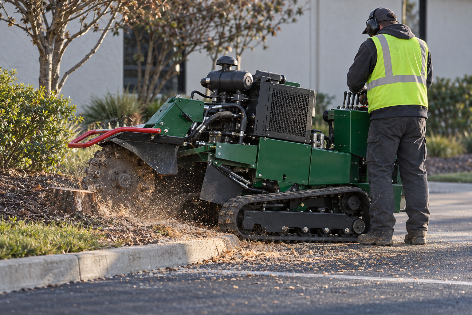 Tracked stump grinder clearing a stump from a grass strip beside a parking lot kerb
