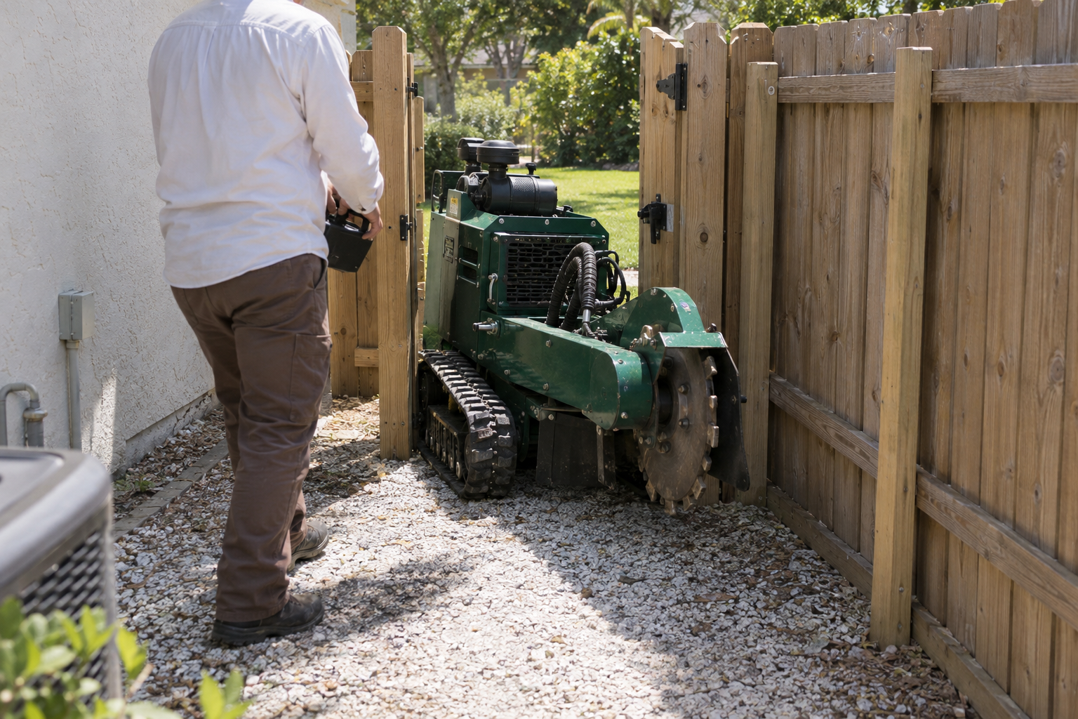 Compact tracked stump grinder squeezing through a narrow wooden backyard gate