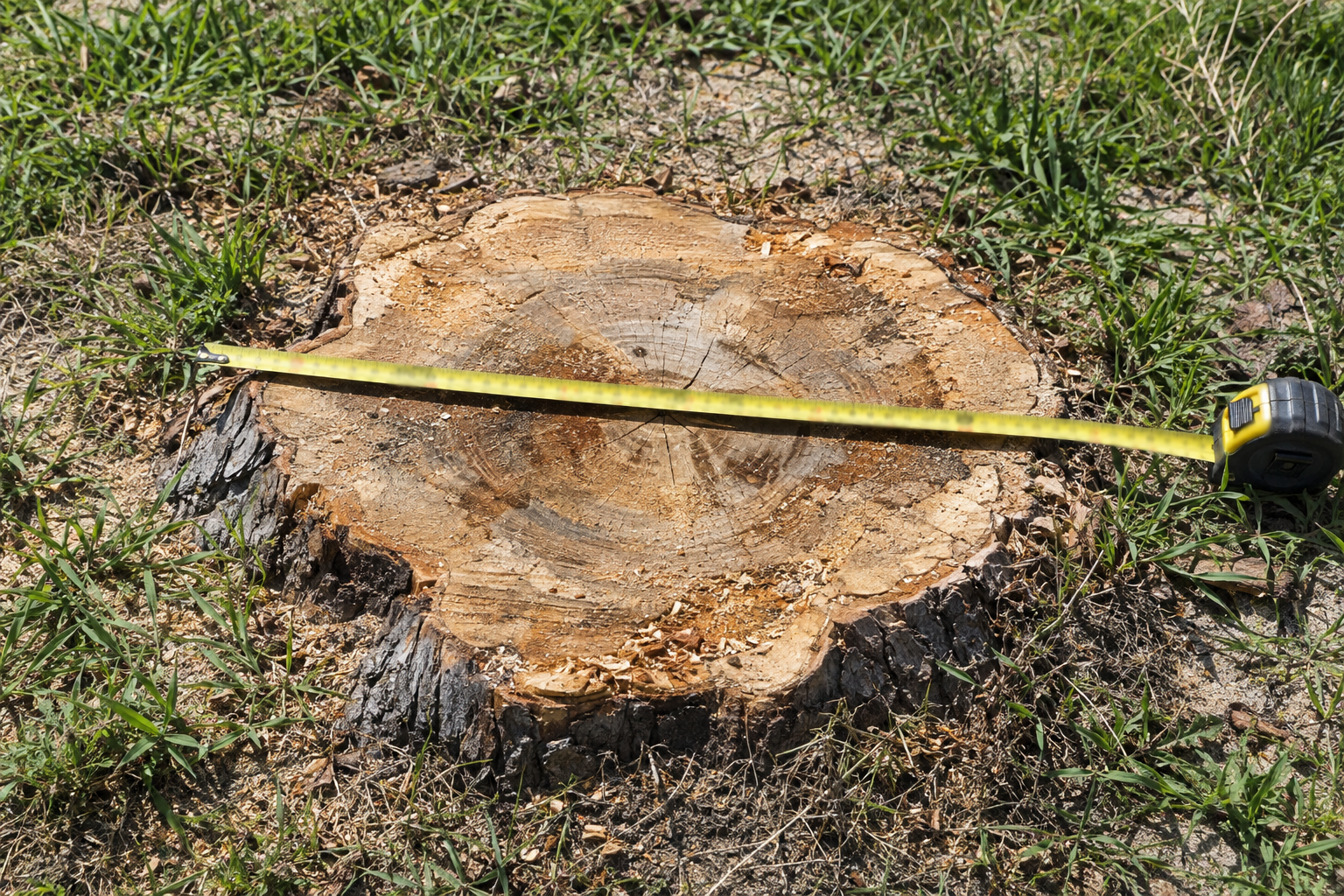 Steel tape measure pulled across the widest part of a cut hardwood stump