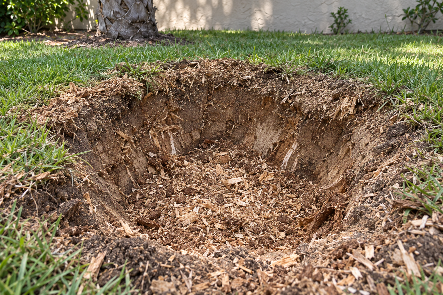 Fresh ground-out stump pit showing its depth below the surrounding turf