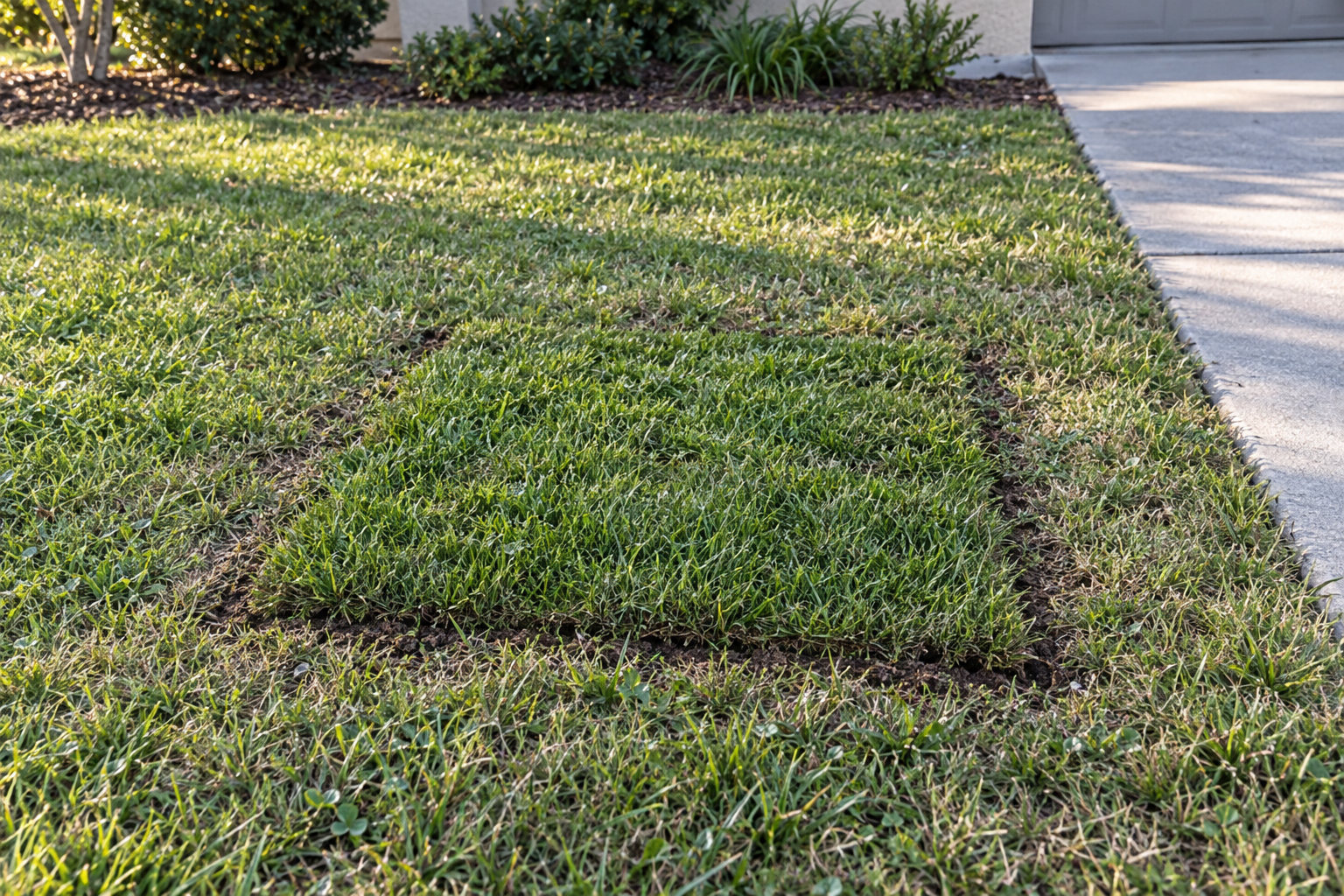 Square of fresh sod laid over a filled stump hole in a front lawn
