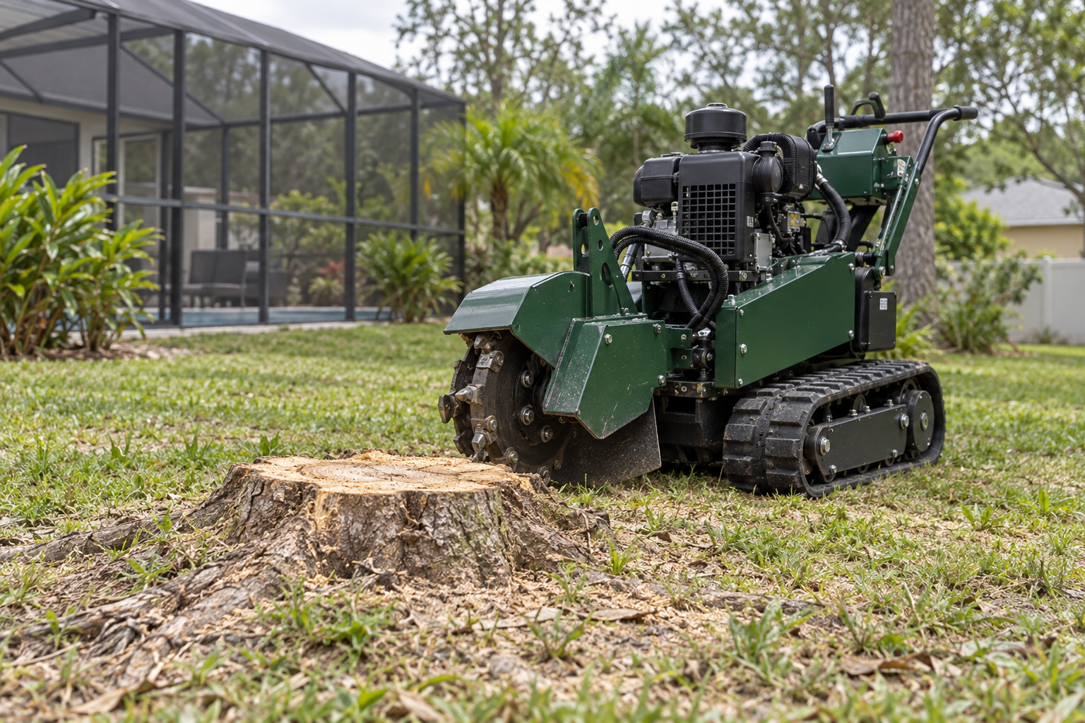 Hardwood stump cut low on a lawn with a compact stump grinder parked behind it