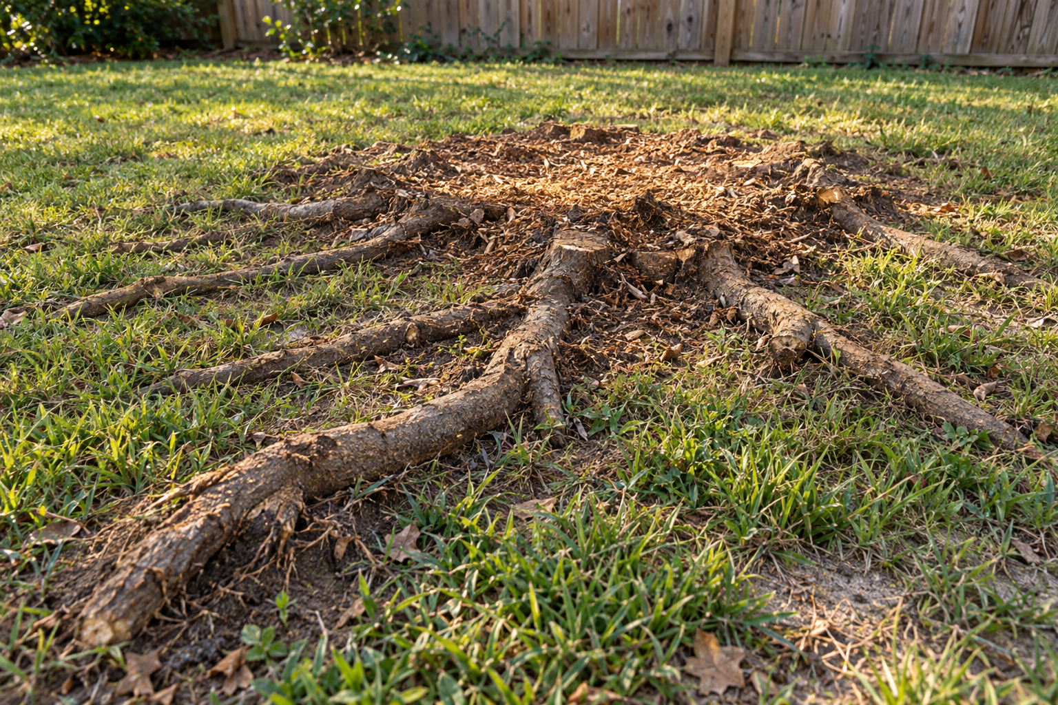 Lateral roots spreading out through a lawn from a ground-out stump
