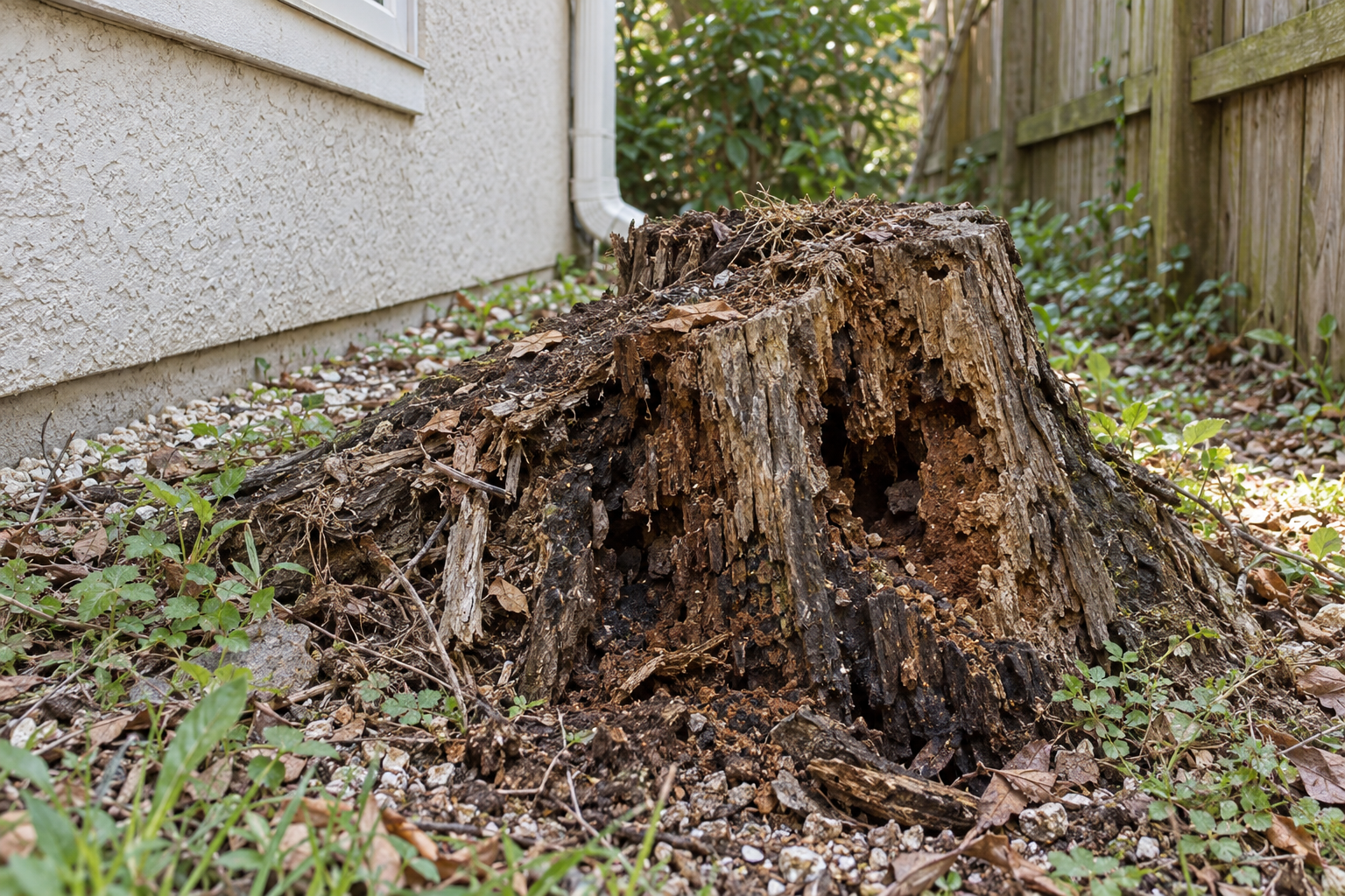 Old decaying hardwood stump with hollowed, crumbling wood near a stucco house wall