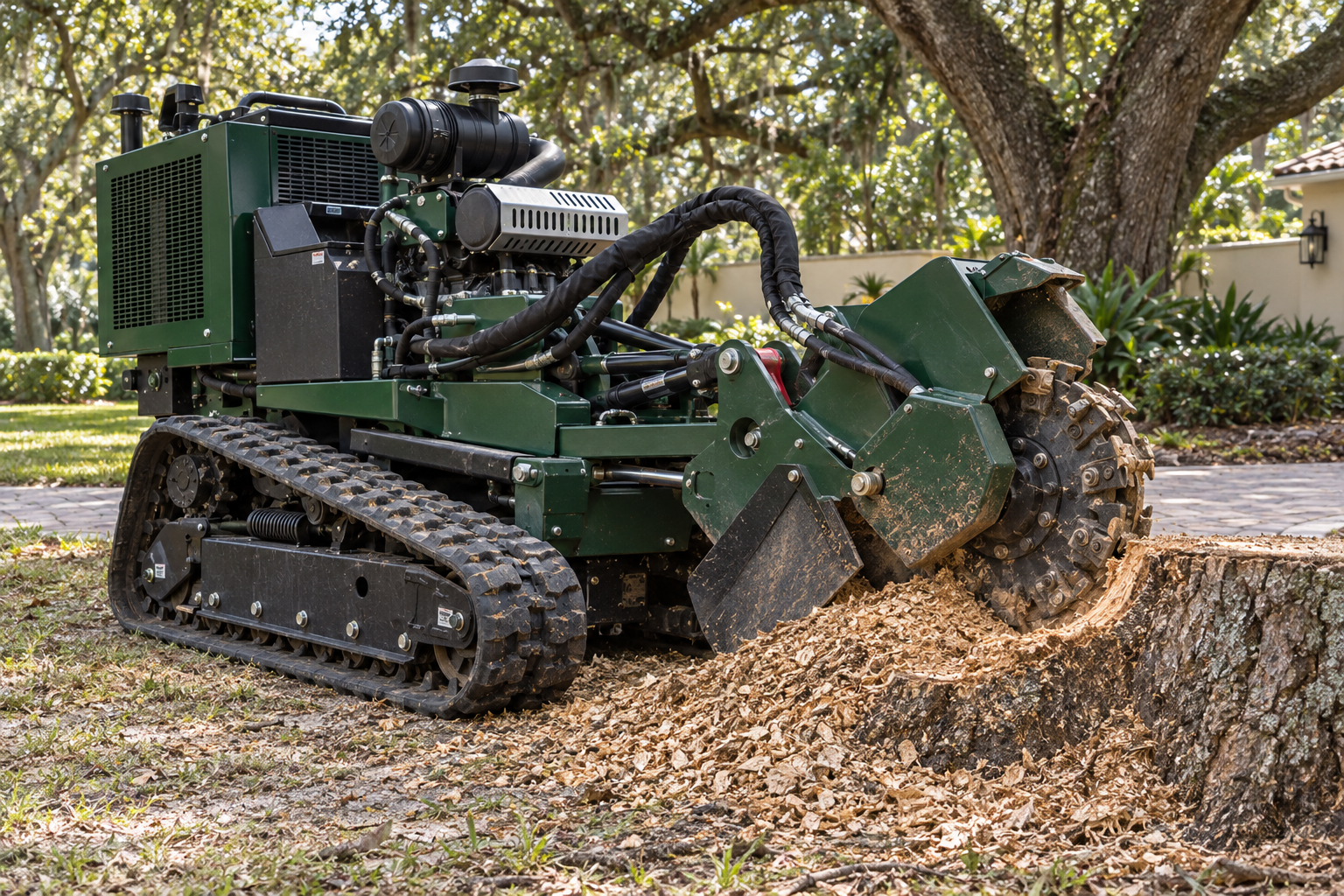 Large tracked stump grinder on rubber tracks set against a huge hardwood stump