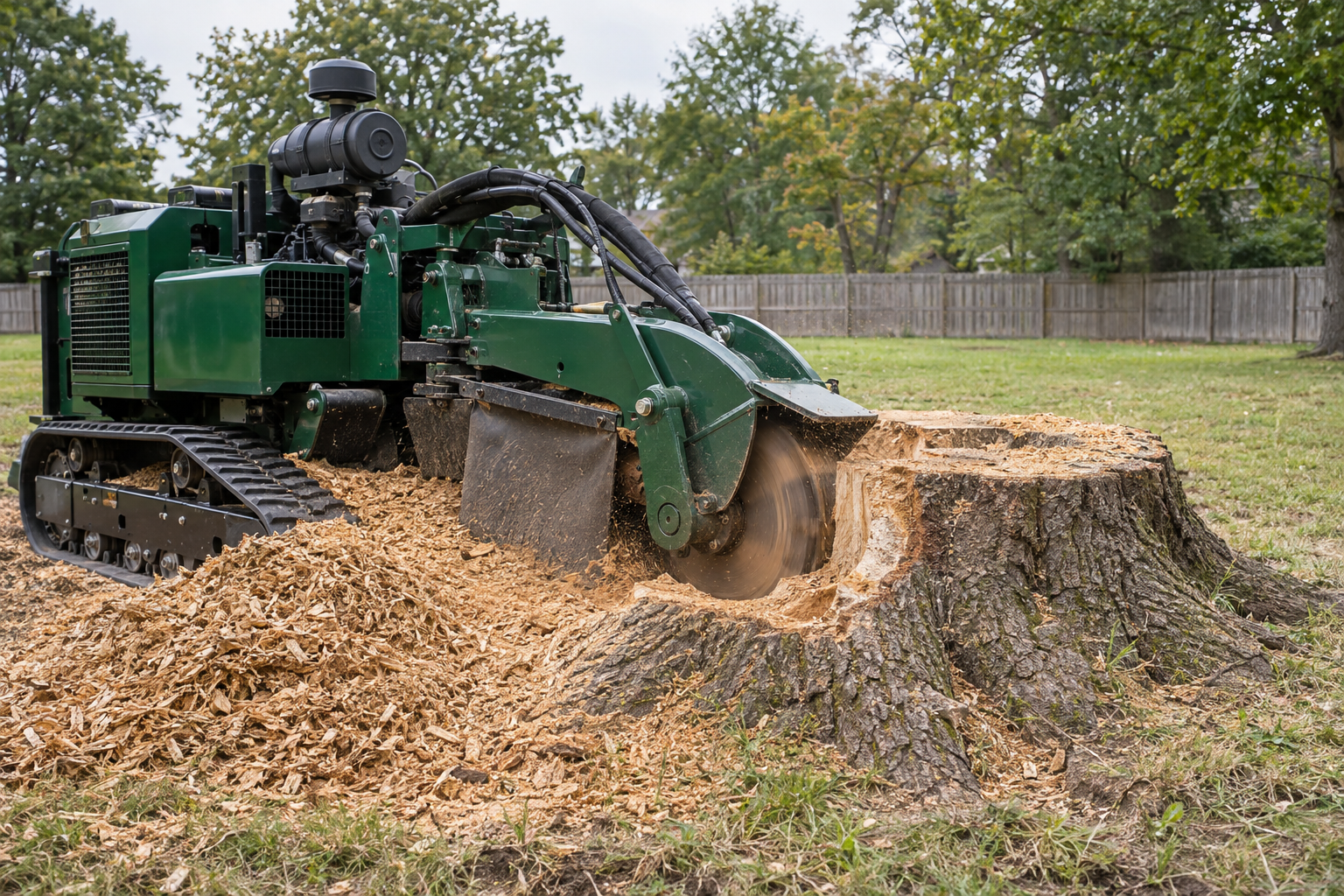 Large production stump grinder working a very wide oak stump on a lawn