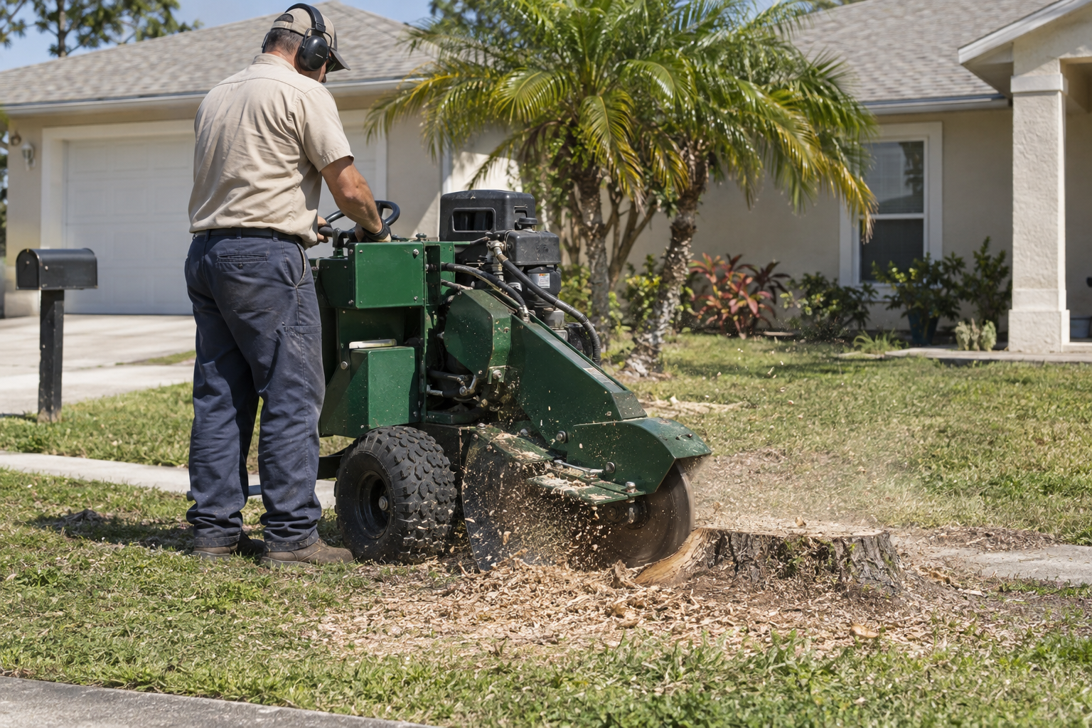 Wheeled stump grinder cutting a stump in the front lawn of a single-story house