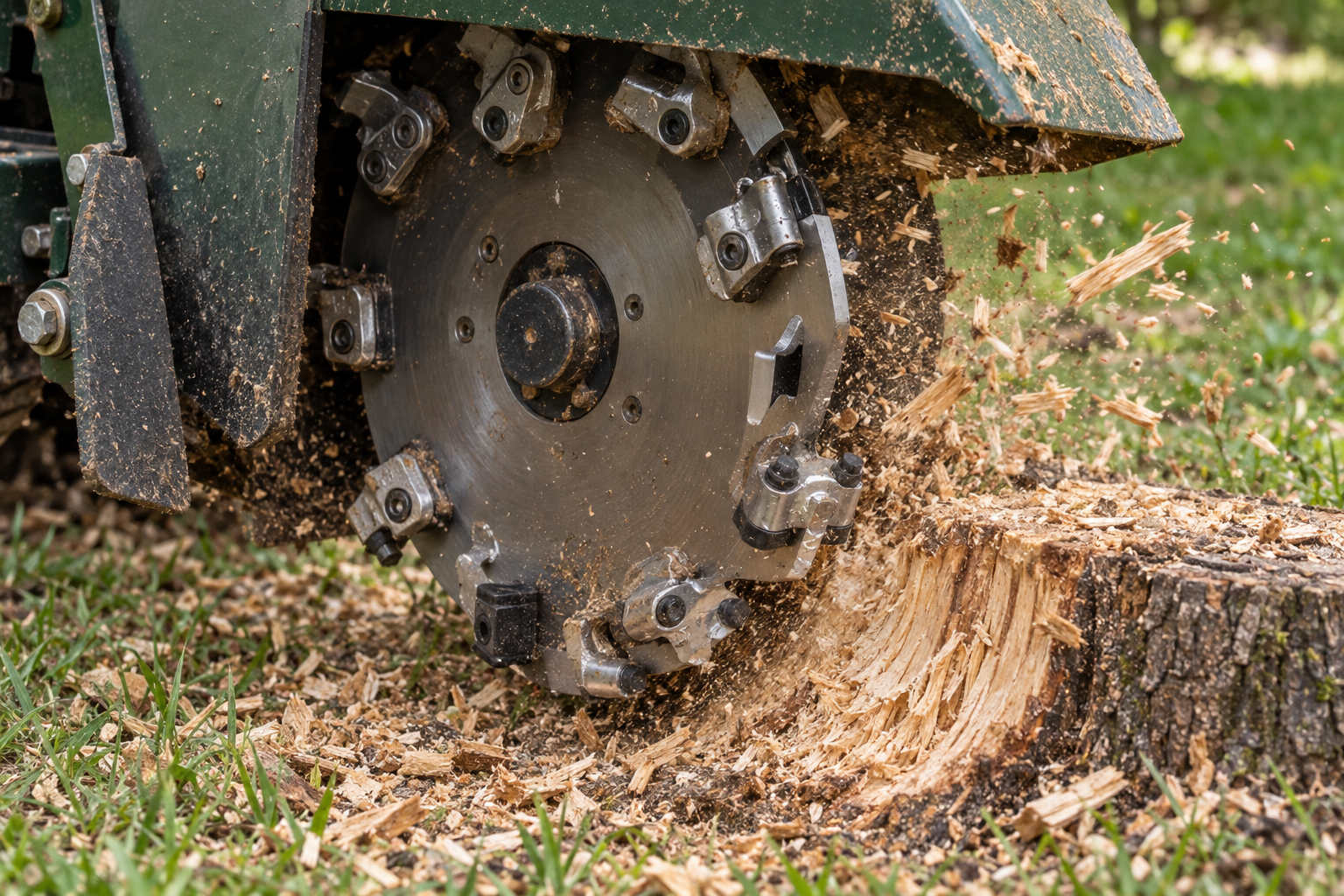 stump grinder cutting wheel on a stump