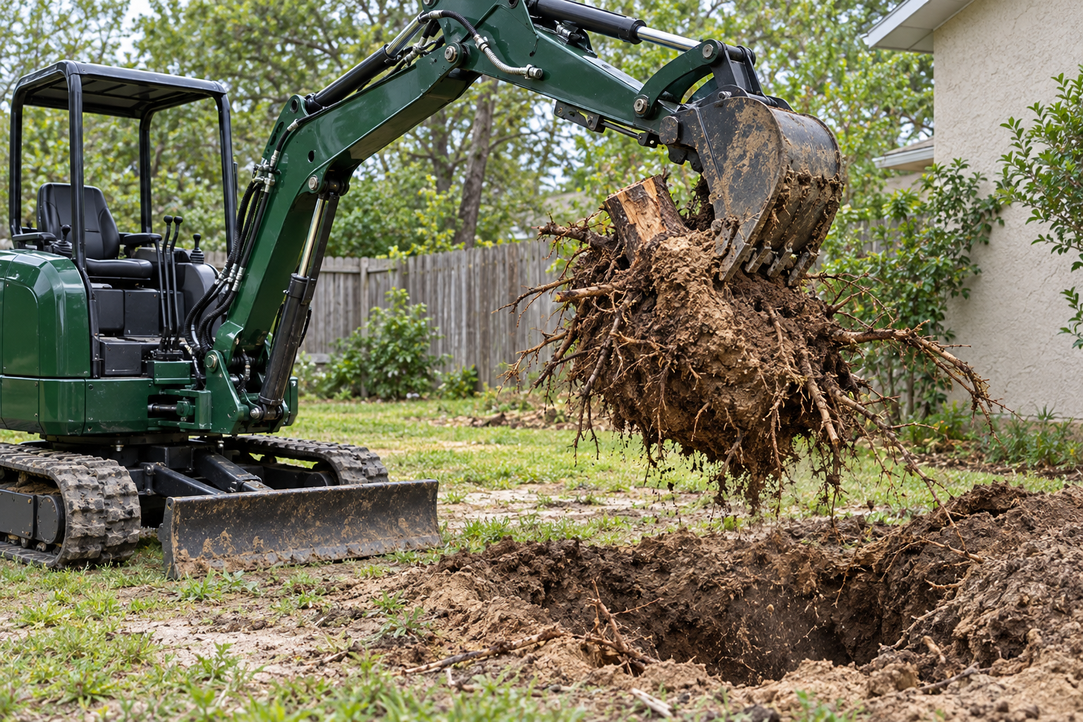 Mini excavator lifting a whole root ball clear of its hole in a back lawn