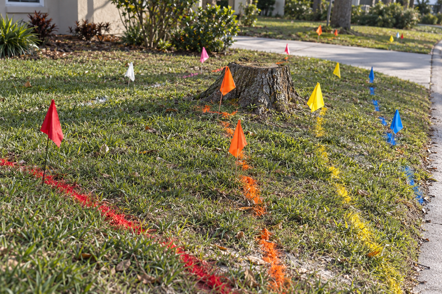Utility locate flags and painted lines on a front lawn beside a cut stump