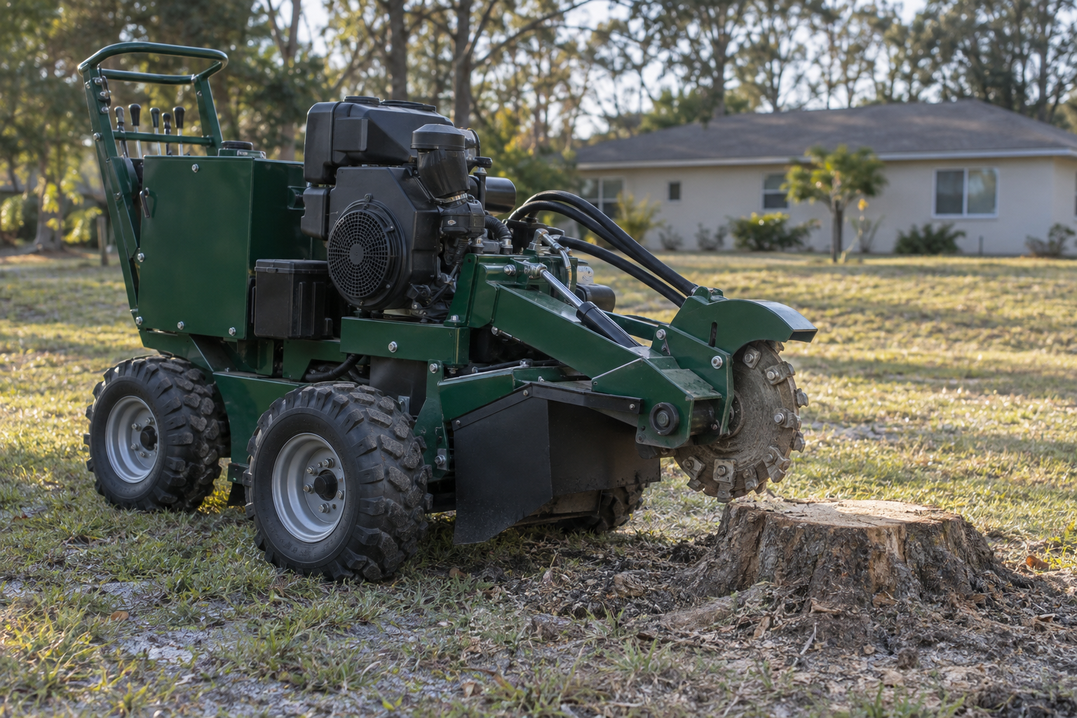 Self-propelled wheeled stump grinder parked at a stump on an open flat lawn