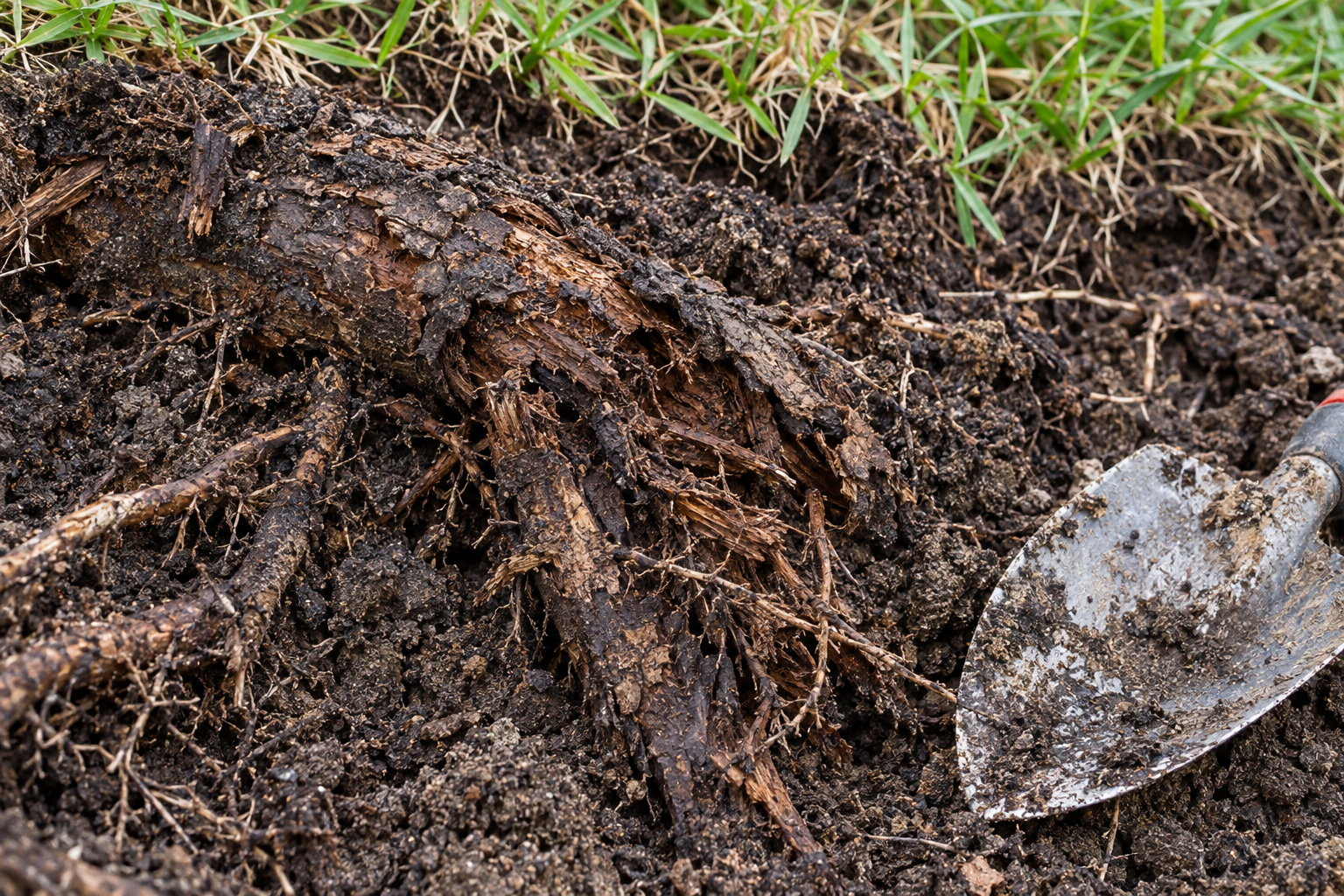 Dark, softened tree root crumbling apart in sandy soil at the edge of a lawn