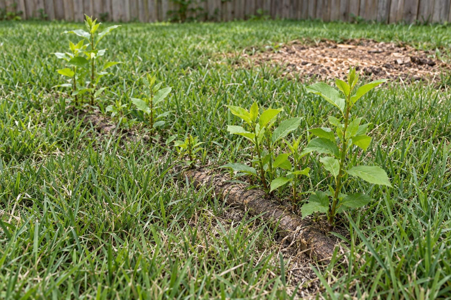 Small leafy shoots coming up from an old tree root in a lawn