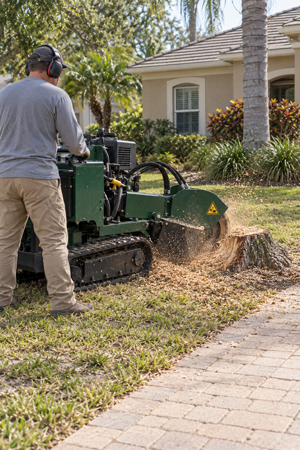 Operator grinding a tree stump beside a paver driveway in a front yard