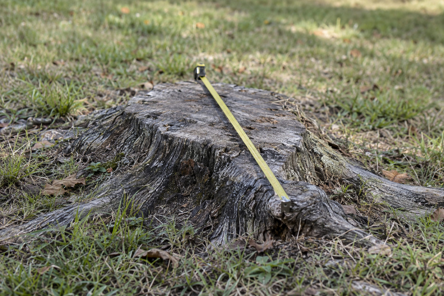 Tape measure stretched across a wide weathered stump at ground level, from root flare to root flare