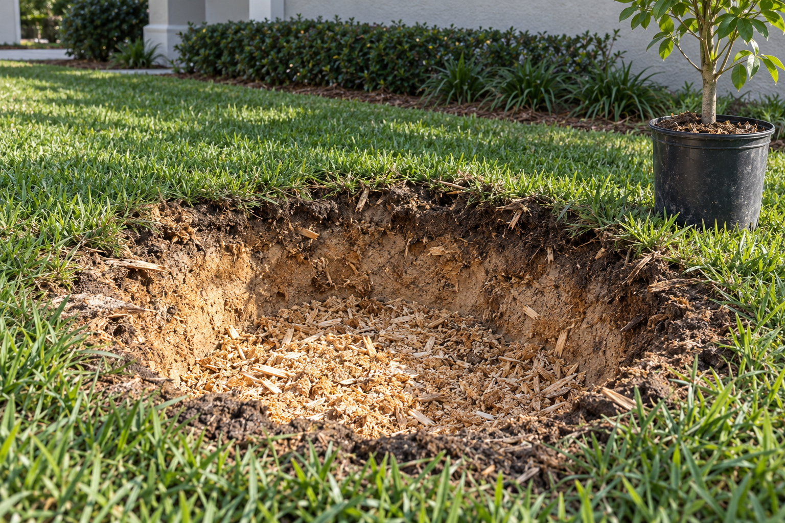 Deep, wide stump grinding pit in a lawn with a young potted tree waiting beside it