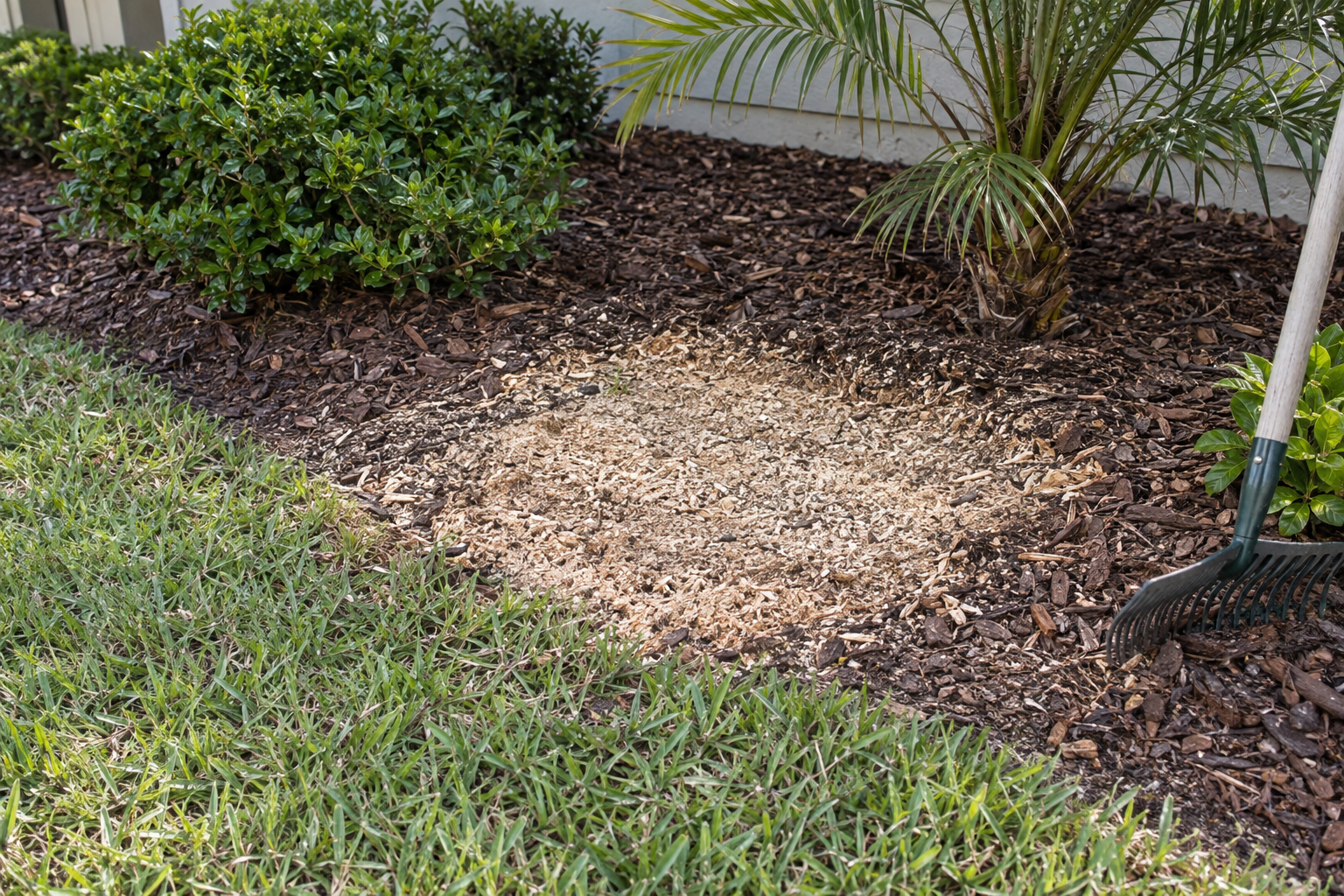 Ground-out stump spot raked level into a mulched planting bed beside a lawn