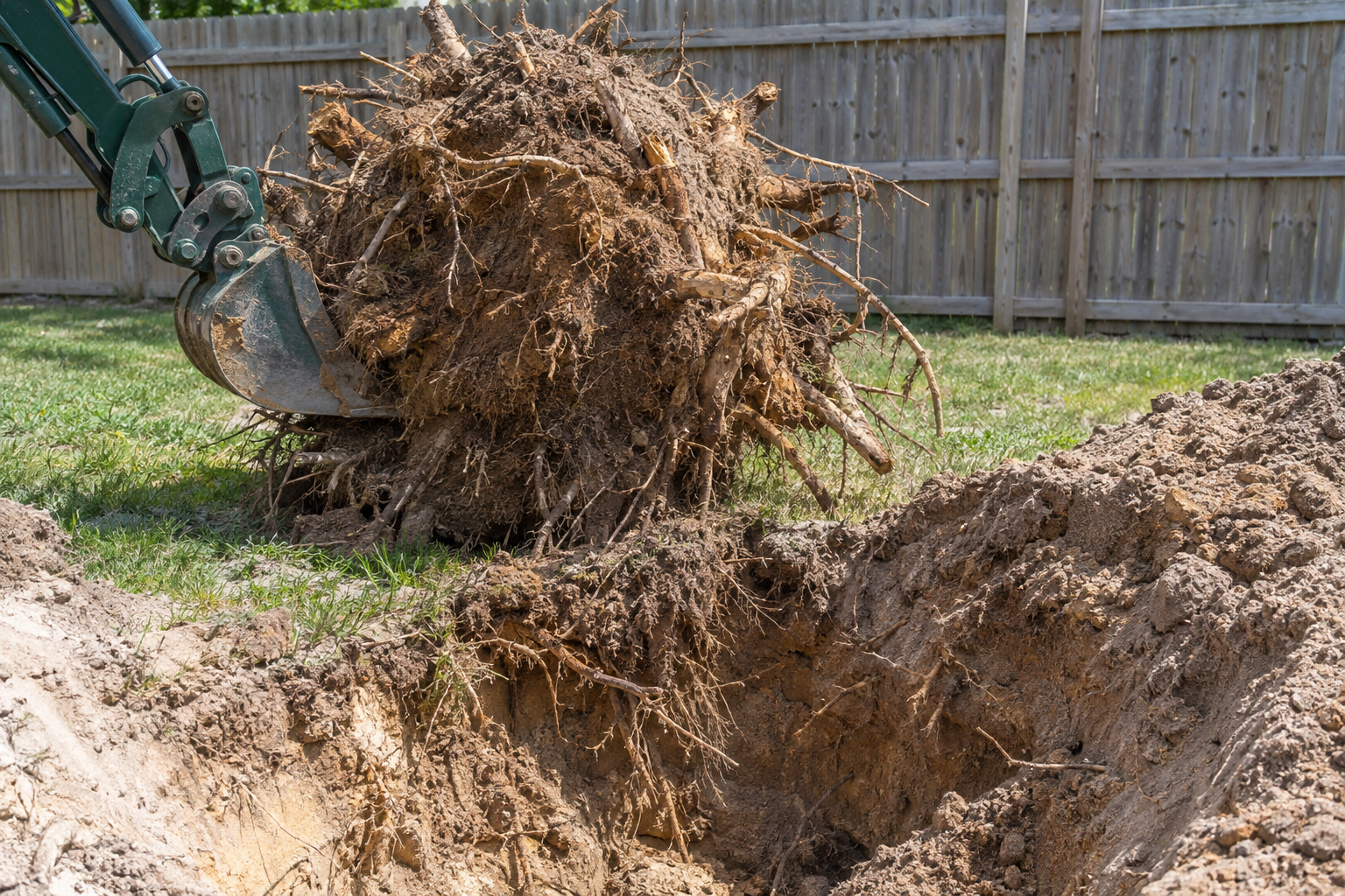 Whole tree root ball tipped out onto the grass beside the hole it was dug from