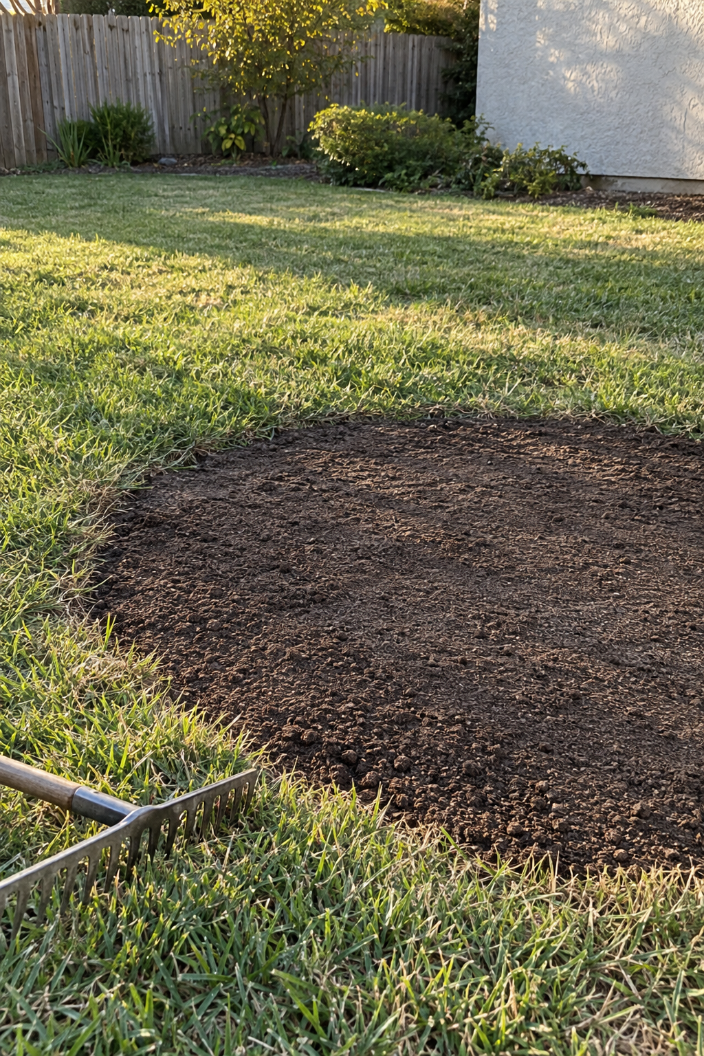 Filled stump hole in a lawn, backfilled with fresh topsoil and graded level with the grass around it