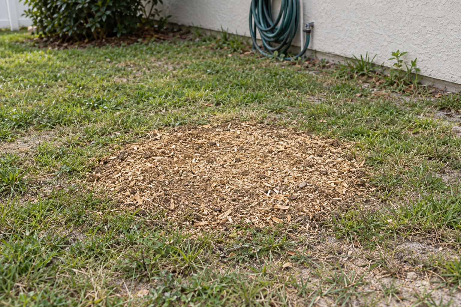 Level patch of wood chips and sandy soil where a stump was ground out beside a stucco house